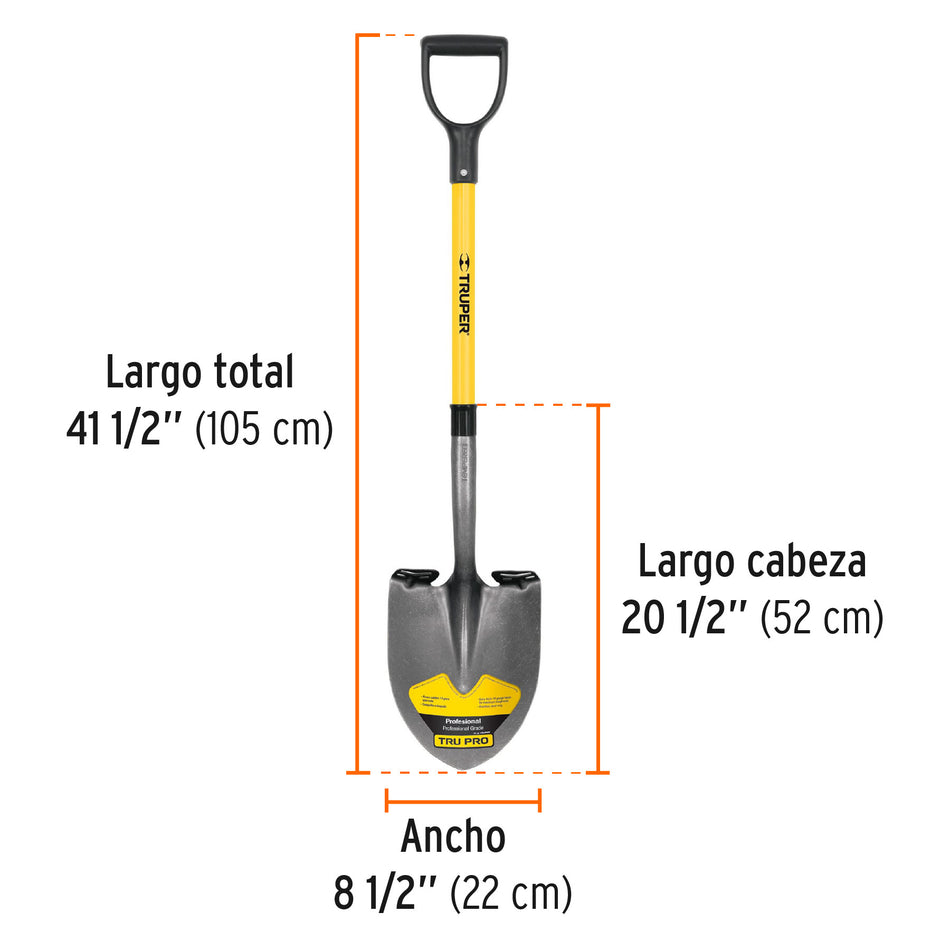 Pala redonda Tru Pro, puño 'Y', mango de fibra de vidrio