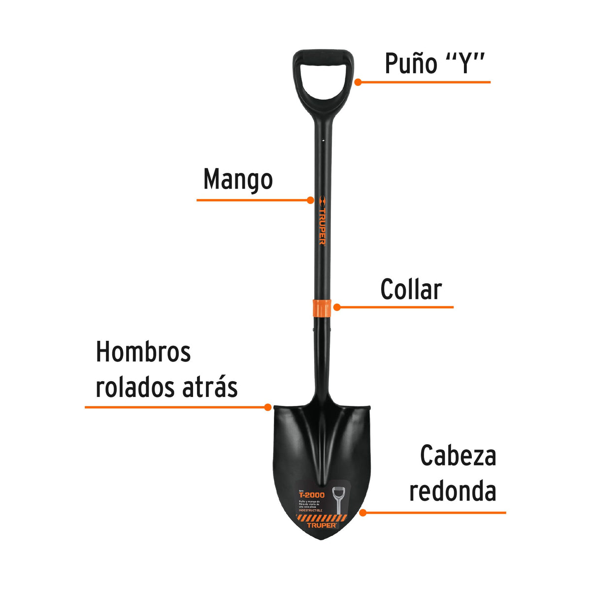 Pala redonda T-2000, puño 'Y' mango fibra de vidrio, Truper