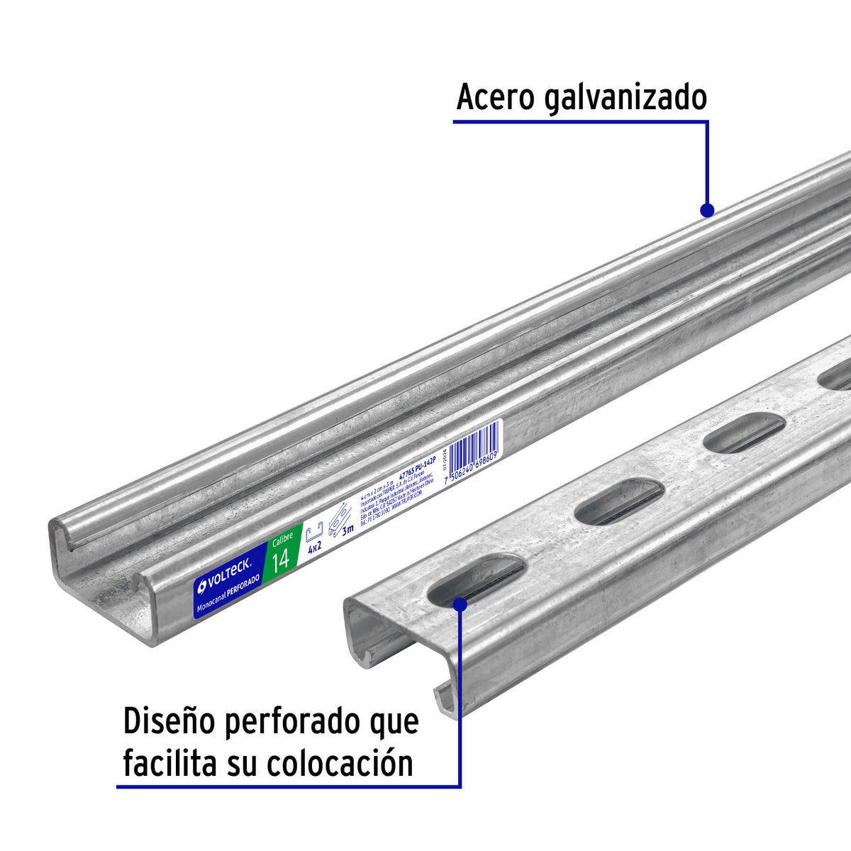Perfil monocanal perforado de 3 m, 4 x 2 cm cal. 14, VOLTECK 3 m, 4 x 2 cm