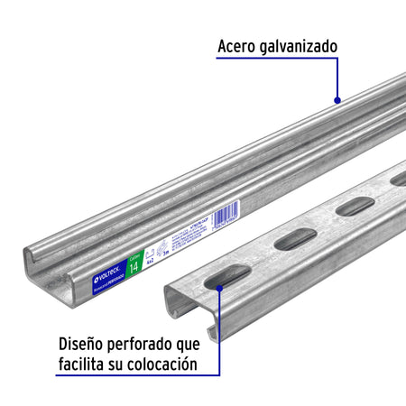 Perfil monocanal perforado de 3 m, 4 x 2 cm cal. 14, VOLTECK 3 m, 4 x 2 cm