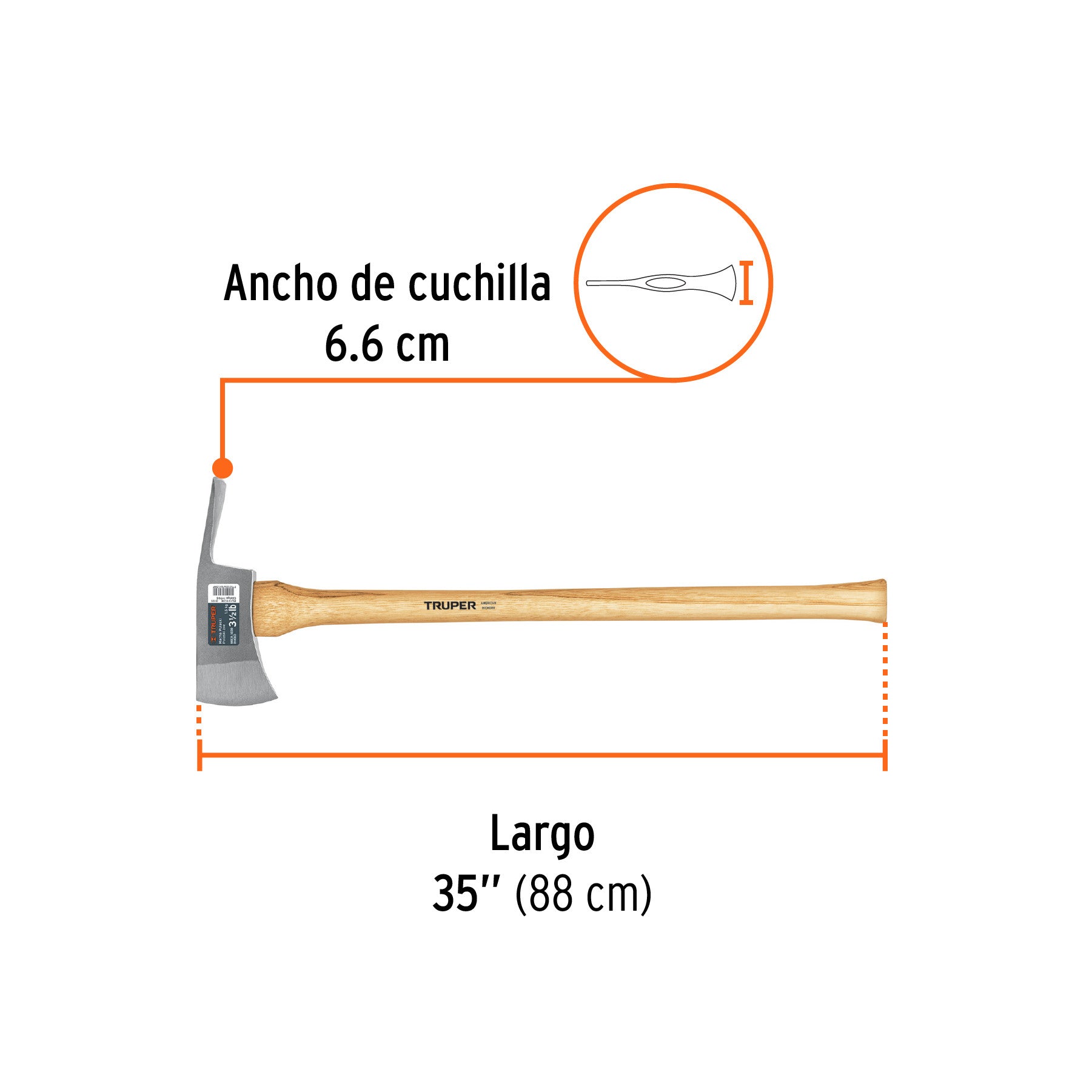 Hacha Pulaski 3-1/2 lb, mango de hickory 35', Truper