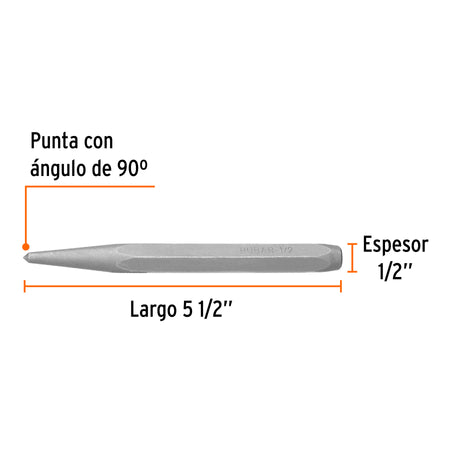 Punzón 1/2' para barrenar, largo 5-1/2', Truper 1/2', 1/2'