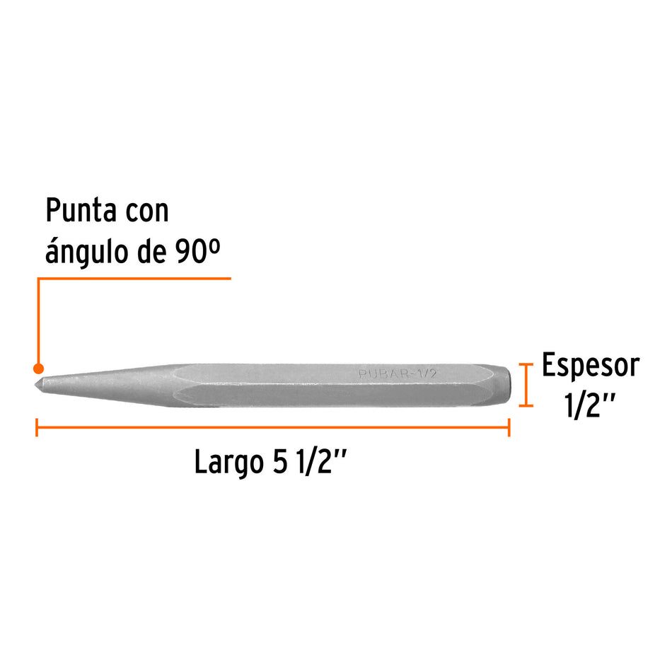 Punzón 1/2' para barrenar, largo 5-1/2', Truper 1/2', 1/2'