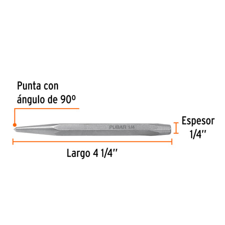 Punzón 1/4' para barrenar, largo 4-1/4', Truper 1/4', 1/4'