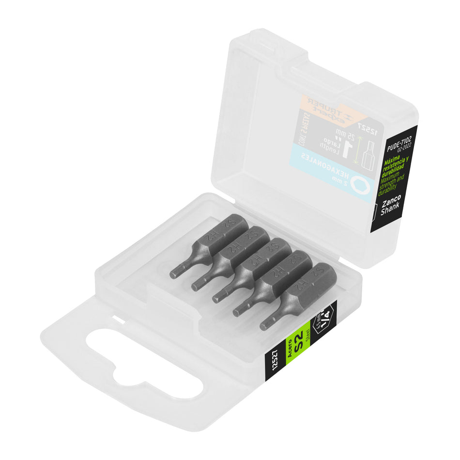Estuche con 5 puntas hexagonales de 2 mm largo 1', Expert 2 mm, 1'