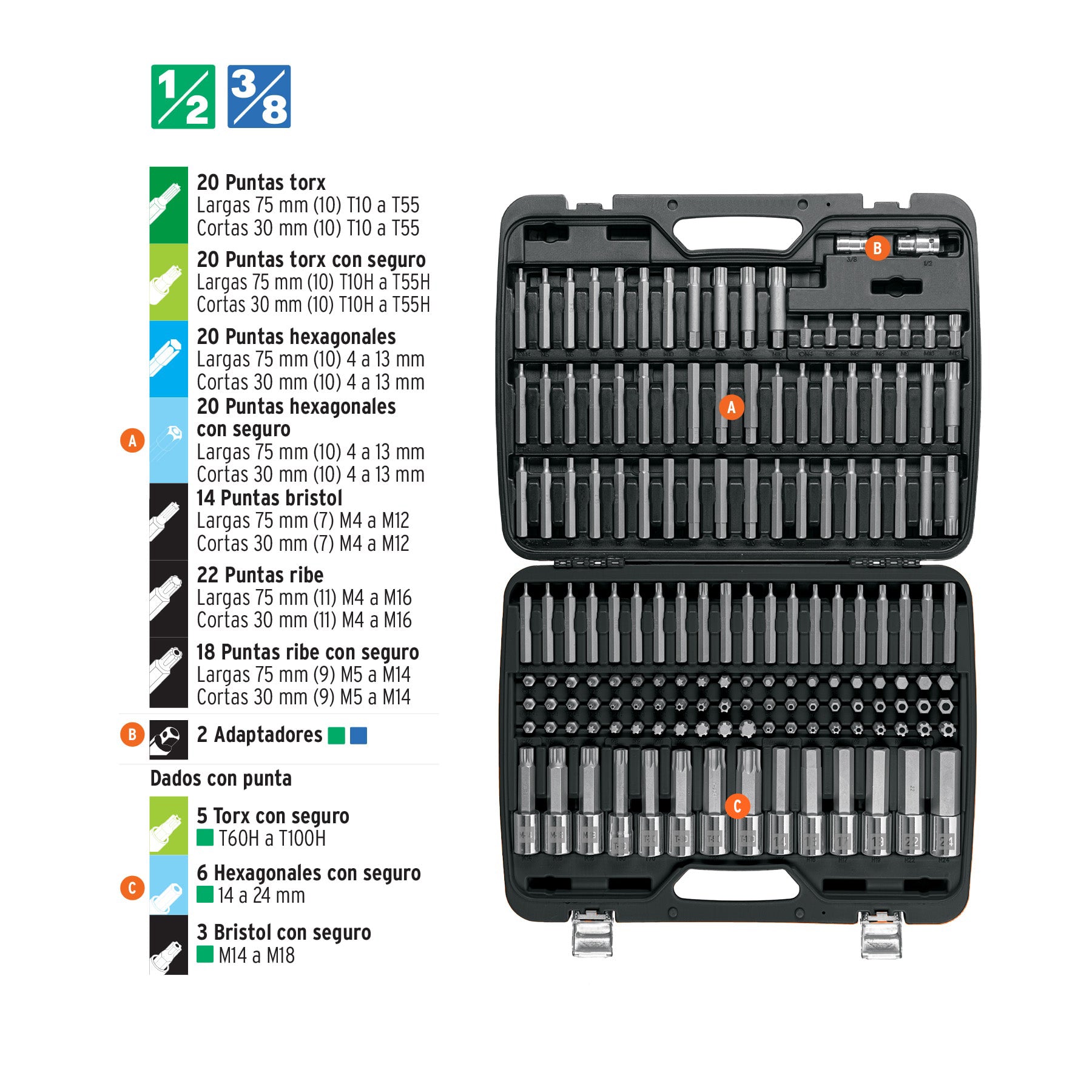 Juego de puntas y dados con punta para mecánica, 150 piezas