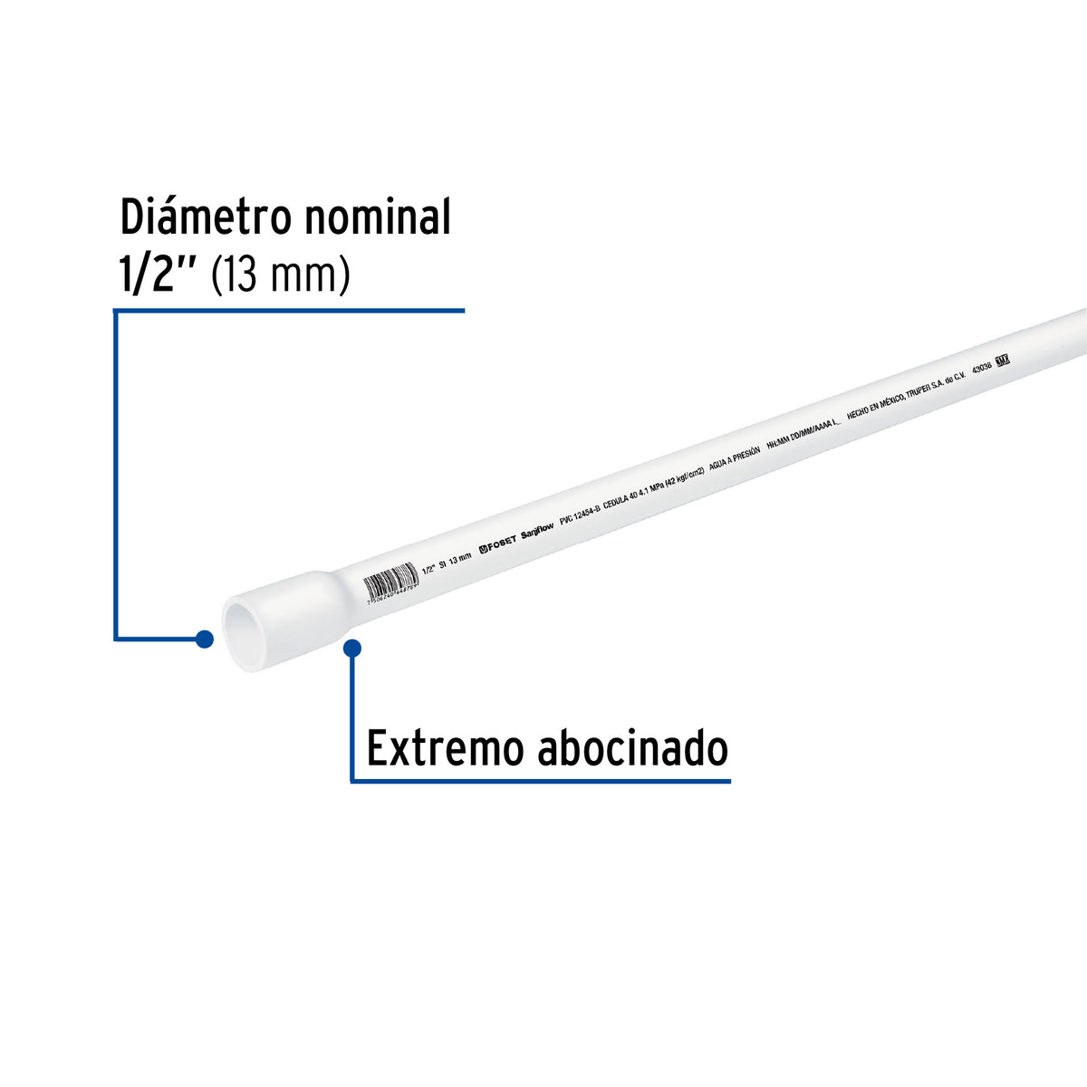 Tubo de 1/2' PVC hidráulico cédula 40, 3m, 0.7kg, FOSET