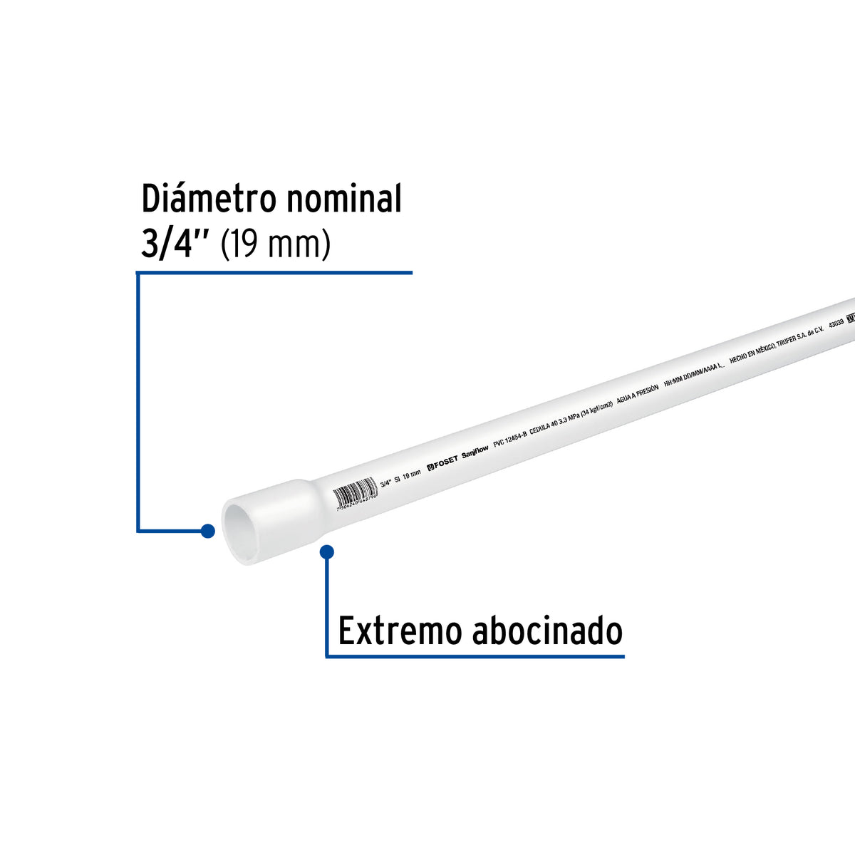 Tubo de 3/4' PVC hidráulico cédula 40, 3m, 1kg, FOSET