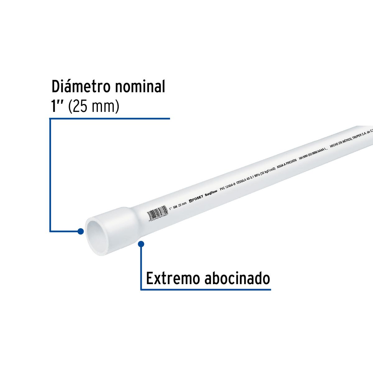 Tubo de 1' PVC hidráulico cédula 40, 3m, 1.4kg, FOSET