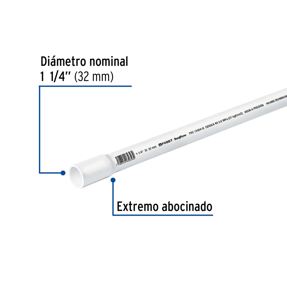 Tubo de 1-1/4' PVC hidráulico cédula 40, 3m, 1.9kg, FOSET