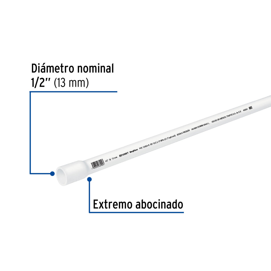 Tubo de 1/2' PVC hidráulico RD 21, 3m, 0.25kg, FOSET