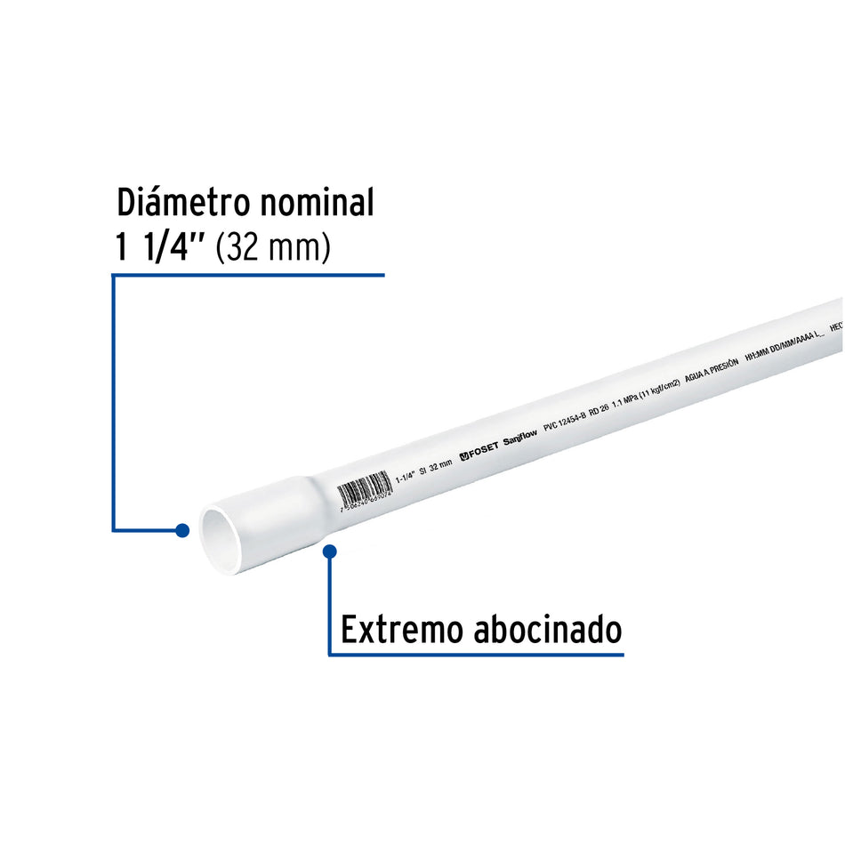Tubo de 1-1/4' PVC hidráulico RD 26, 3m, 0.9kg, FOSET