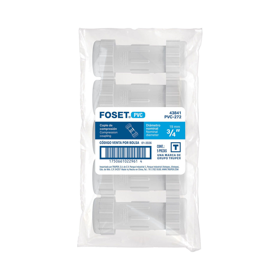 Cople de compresión PVC de 3/4", FOSET