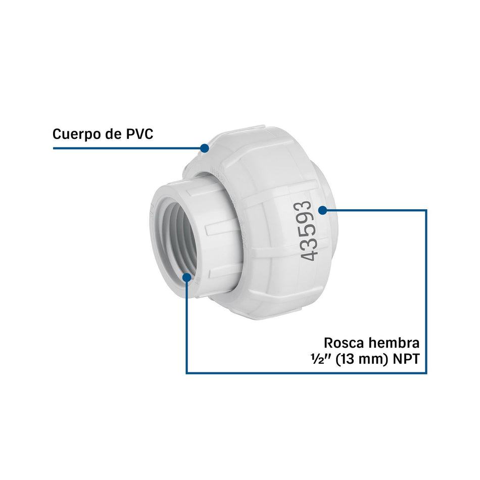Tuerca unión roscable de PVC 1/2", FOSET