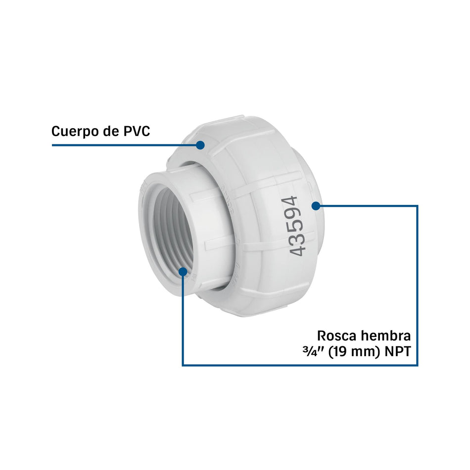 Tuerca unión roscable de PVC 3/4", FOSET