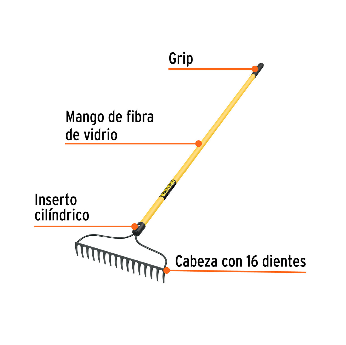 Rastrillo jardinero, 16 dientes, mango 60' fibra de vidrio