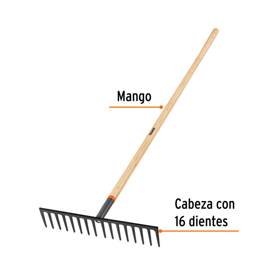 Rastrillo recto reforzado, 16 dientes, mango de 60', Truper