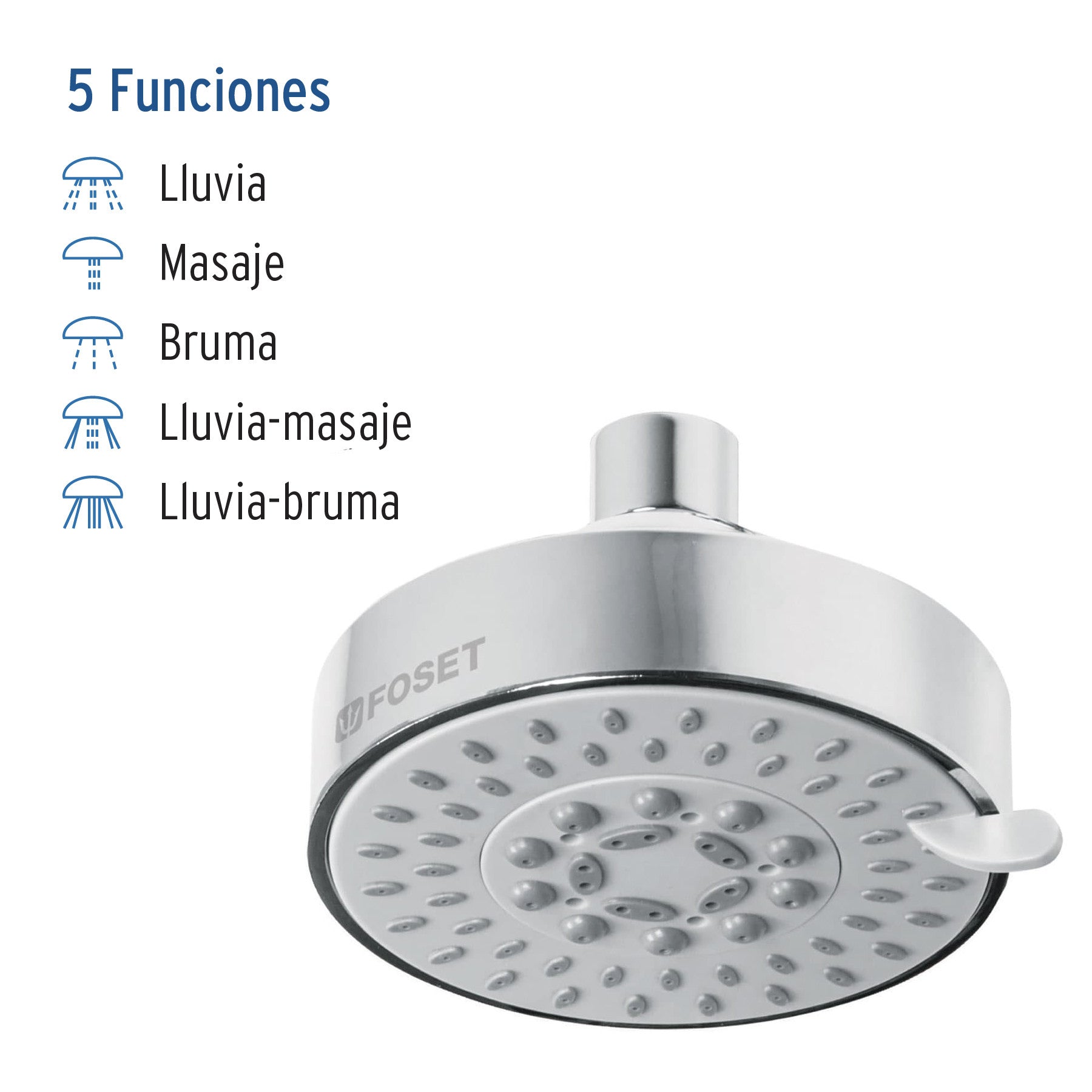 Regadera cromo 4"con 5 funciones sin brazo FOSET ELEMENT