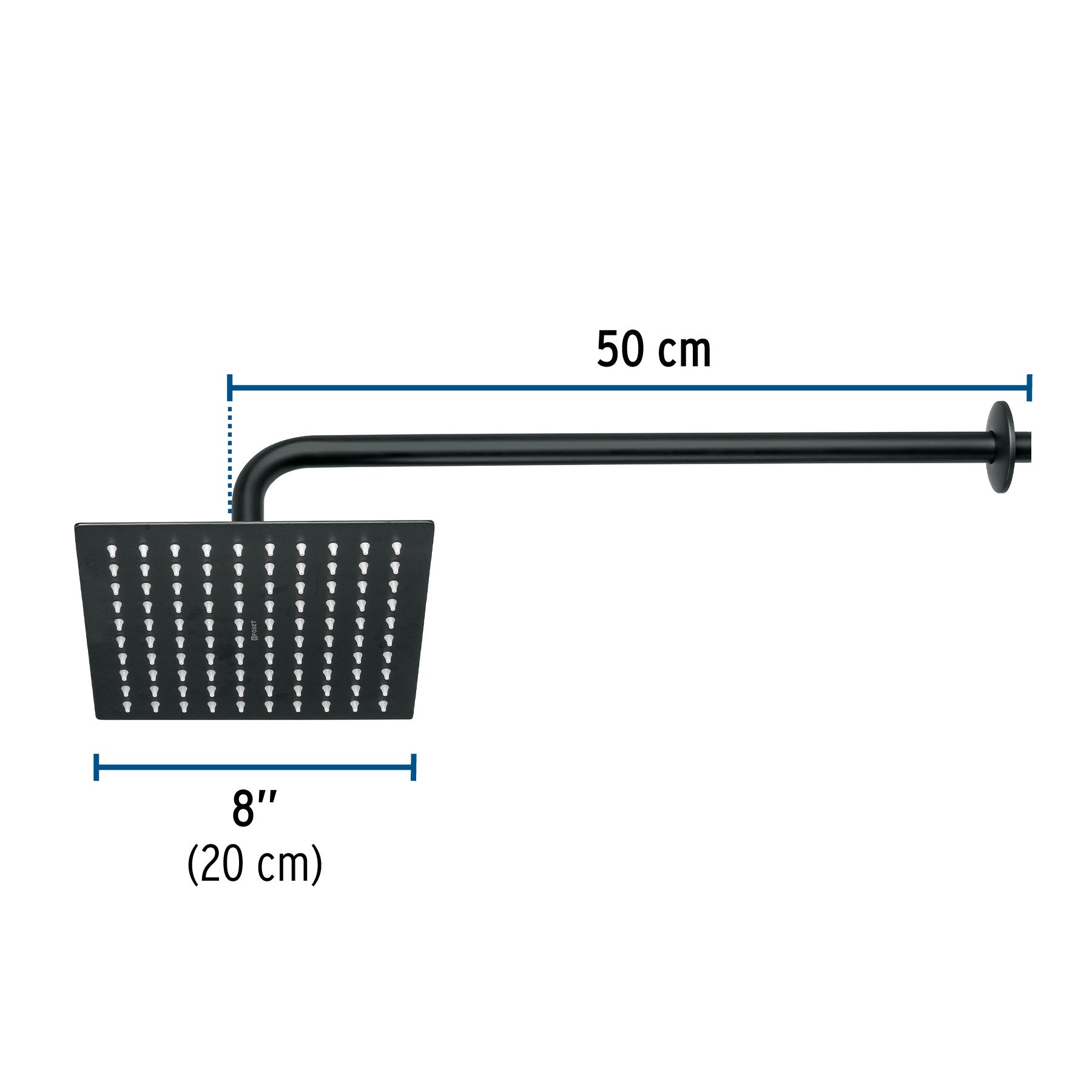 Regadera plato cuadrado 8' con brazo, negro, FOSET RIVIERA 8', negro