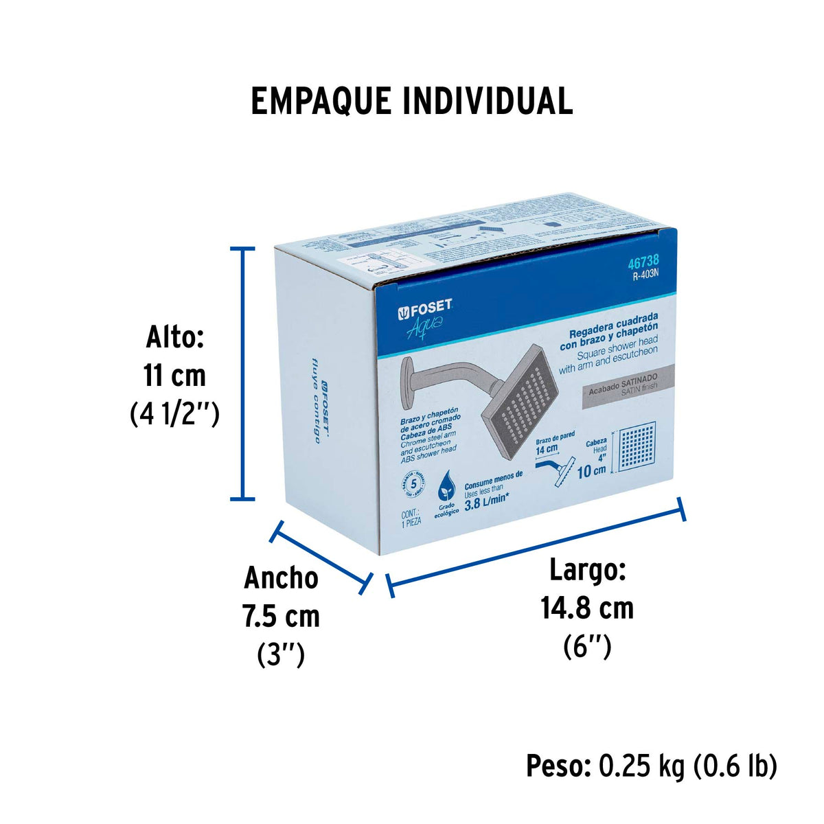 Regadera cuadrada ABS con brazo y chapeton satin AQUA 4"