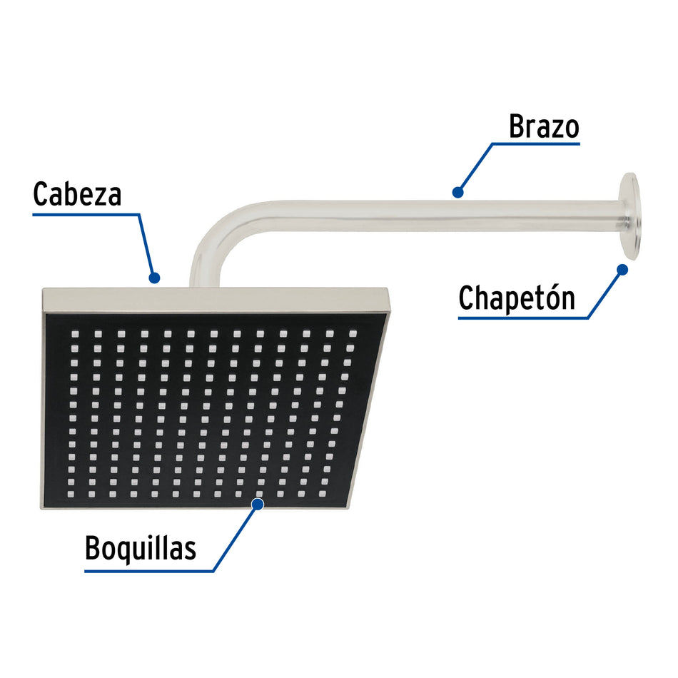 Regadera cuadrada ABS con brazo y chapeton satin AQUA 8"