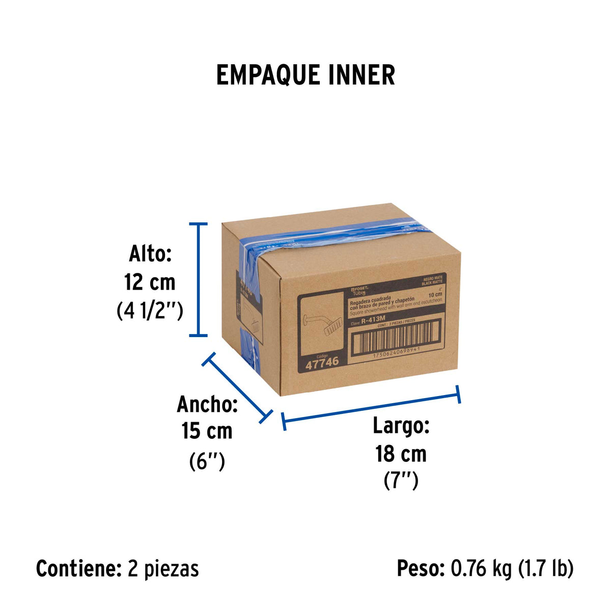 Regadera cuadrada 4', acero inox, con brazo, negro, TÚBIG