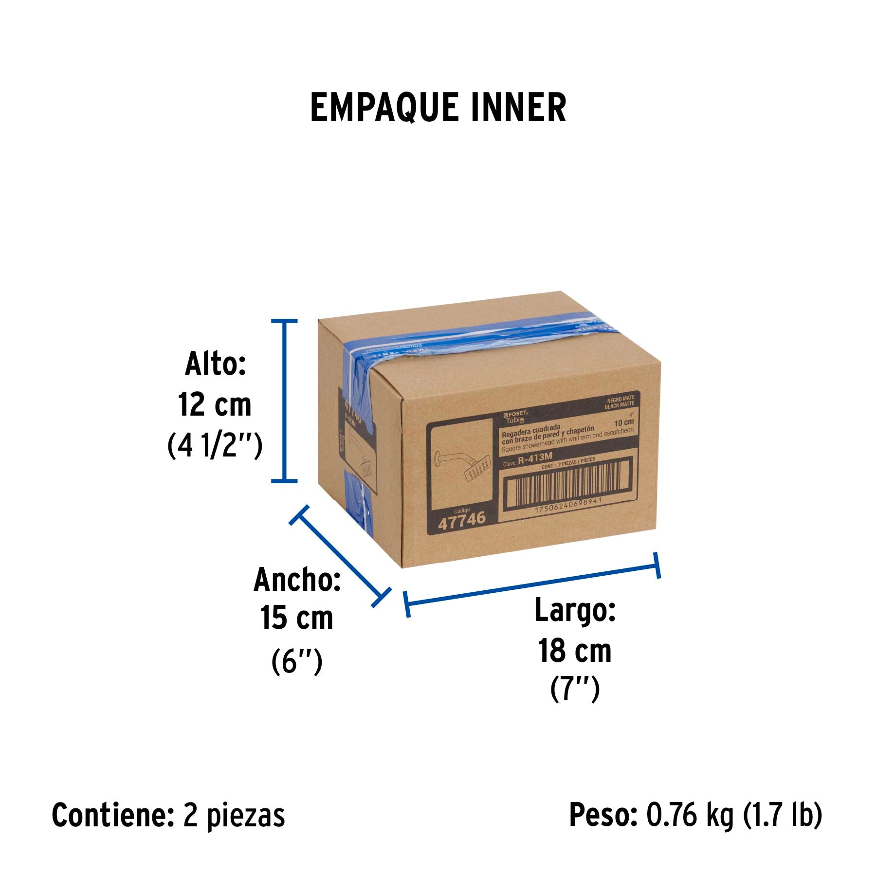 Regadera cuadrada 4', acero inox, con brazo, negro, TÚBIG