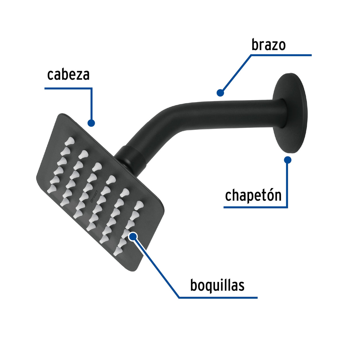 Regadera cuadrada 4', acero inox, con brazo, negro, TÚBIG