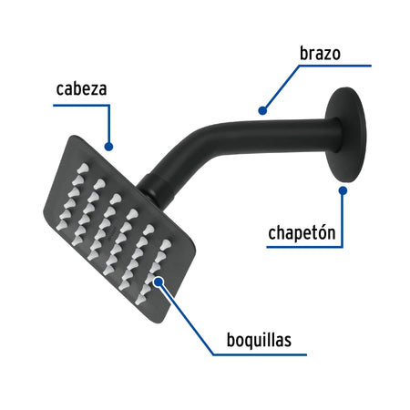 Regadera cuadrada 4', acero inox, con brazo, negro, TÚBIG