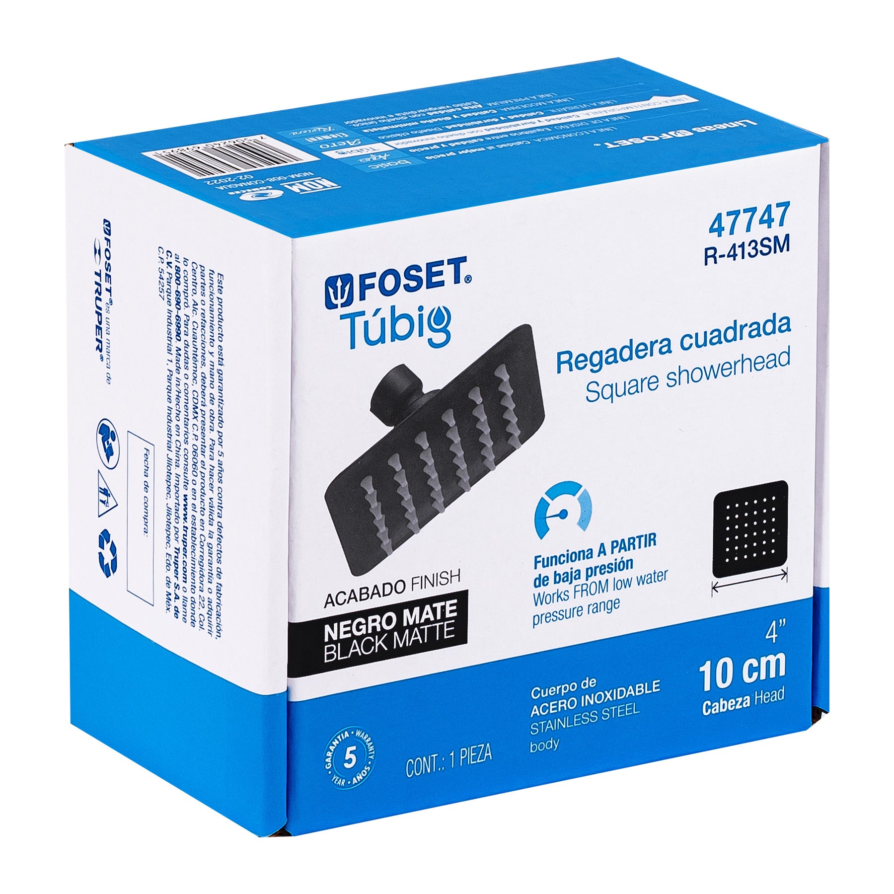 Regadera cuadrada 4', acero inox, sin brazo, negro, TÚBIG