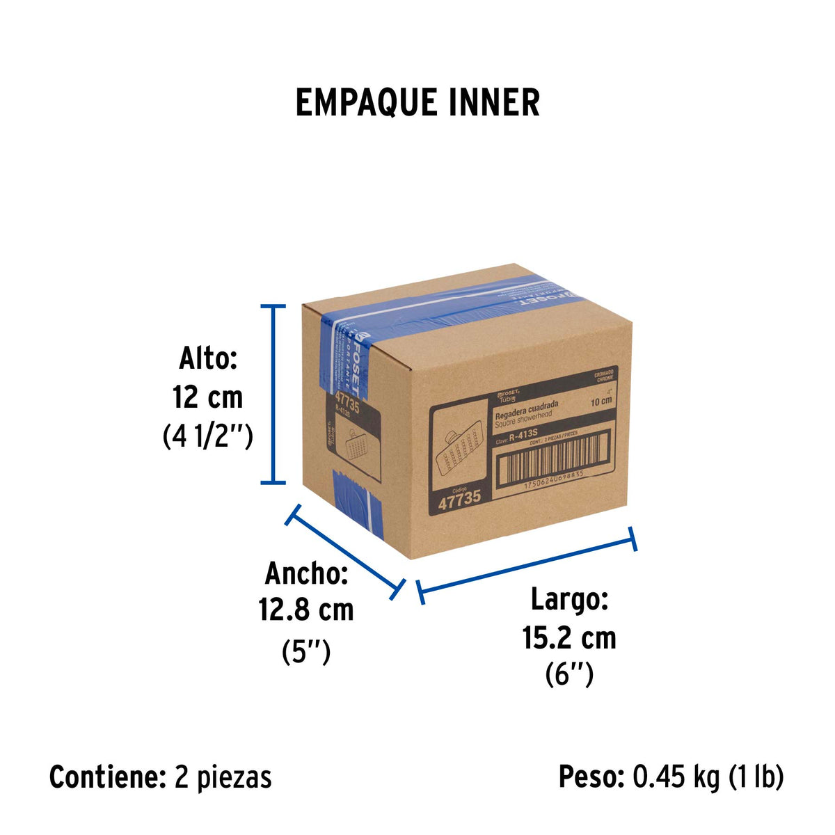 Regadera cuadrada 4', acero inox, sin brazo, cromo, TÚBIG