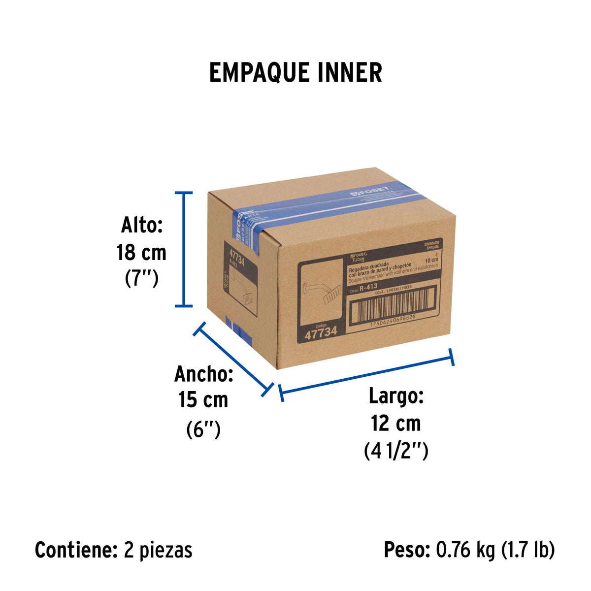 Regadera cuadrada 4', acero inox, con brazo, cromo, TÚBIG