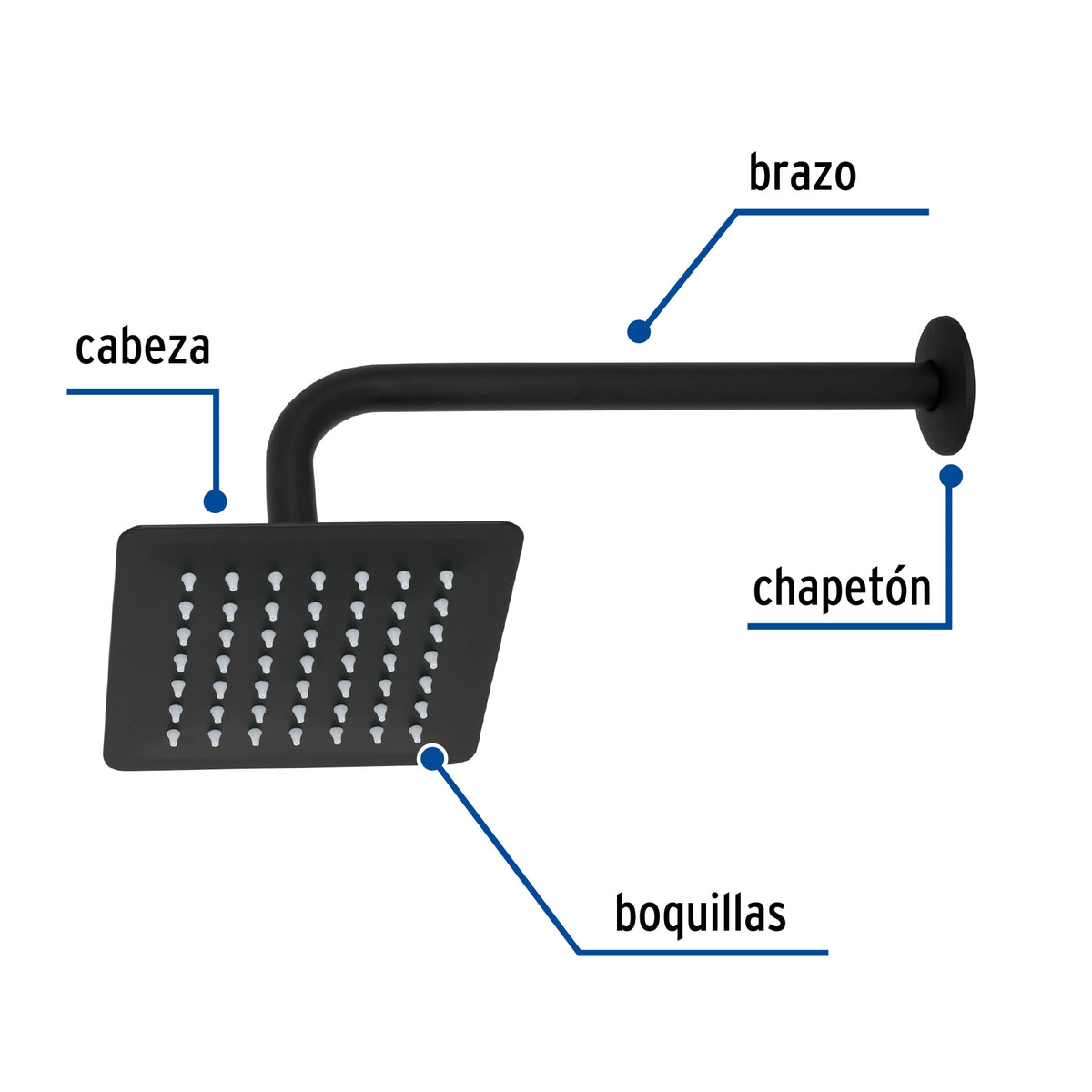 Regadera cuadrada 6', acero inox, con brazo, negro, TÚBIG