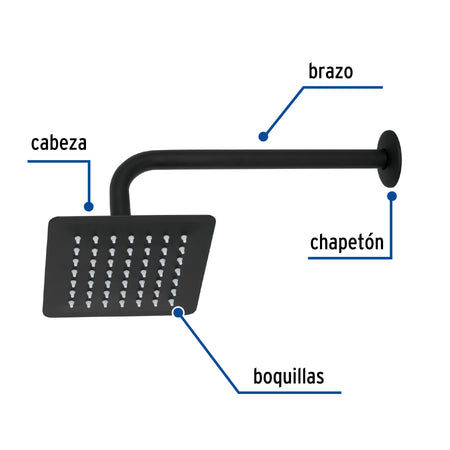 Regadera cuadrada 6', acero inox, con brazo, negro, TÚBIG
