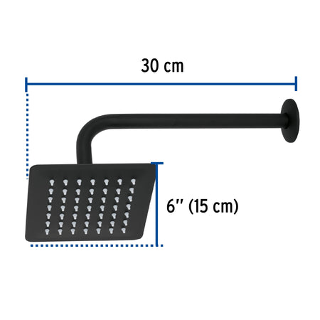 Regadera cuadrada 6', acero inox, con brazo, negro, TÚBIG