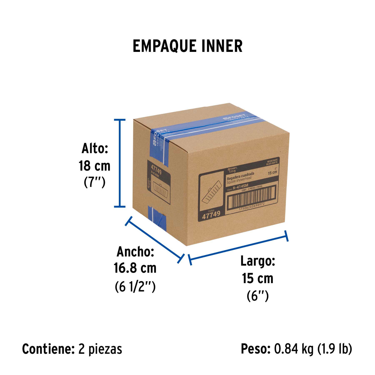 Regadera cuadrada 6', acero inox, sin brazo, negro, TÚBIG
