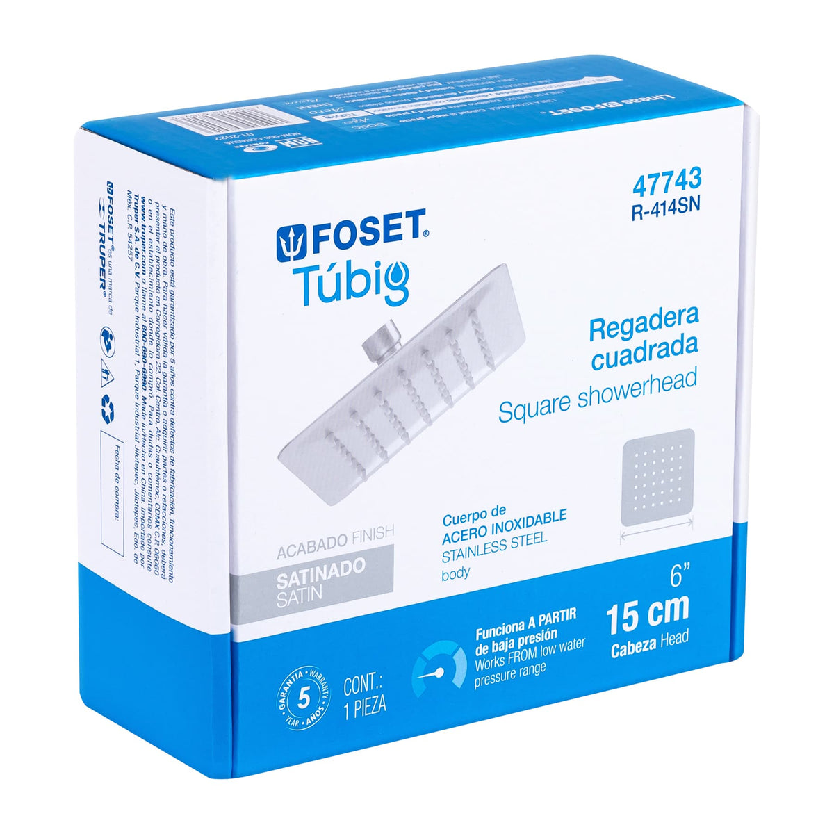 Regadera cuadrada acero inox sin brazo satin TUBIG 6"