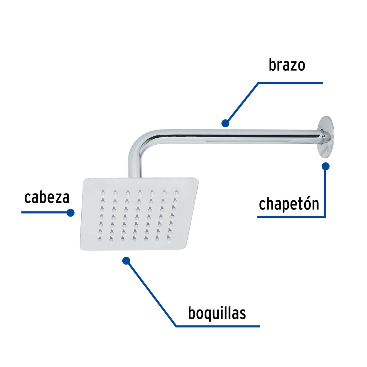 Regadera cuadrada 6', acero inox, con brazo, cromo, TÚBIG