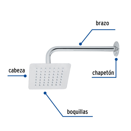 Regadera cuadrada 6', acero inox, con brazo, cromo, TÚBIG