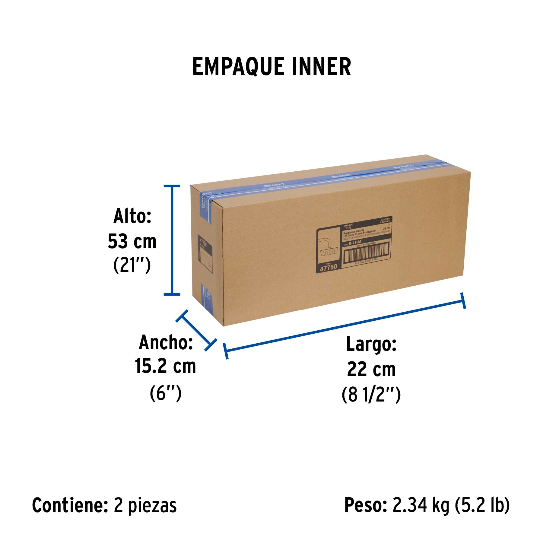 Regadera cuadrada 8', acero inox, con brazo, negro, TÚBIG
