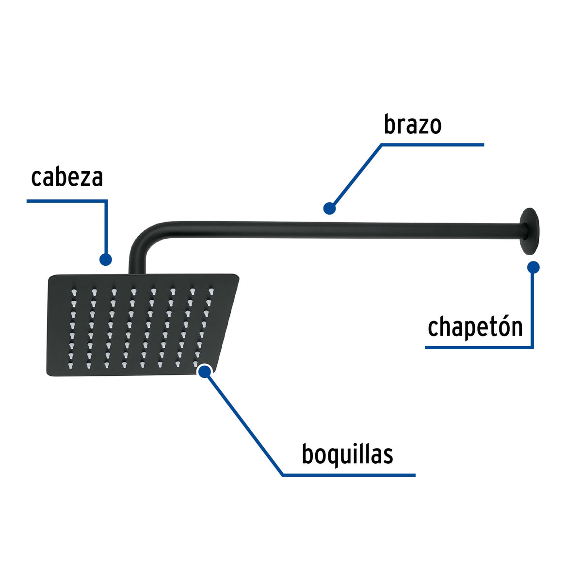 Regadera cuadrada 8', acero inox, con brazo, negro, TÚBIG