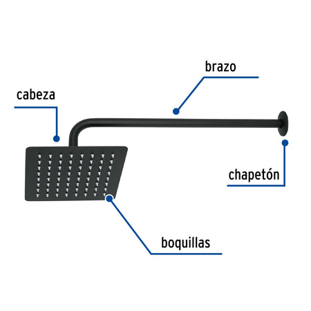 Regadera cuadrada 8', acero inox, con brazo, negro, TÚBIG