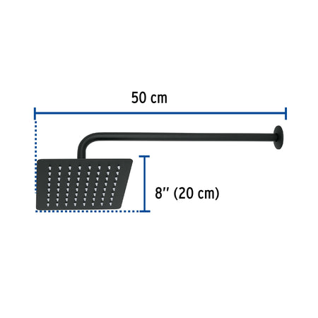 Regadera cuadrada 8', acero inox, con brazo, negro, TÚBIG