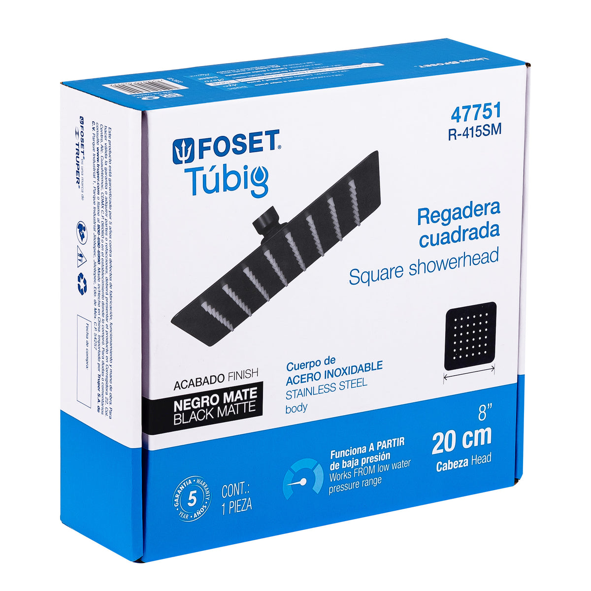 Regadera cuadrada 8', acero inox, sin brazo, negro, TÚBIG