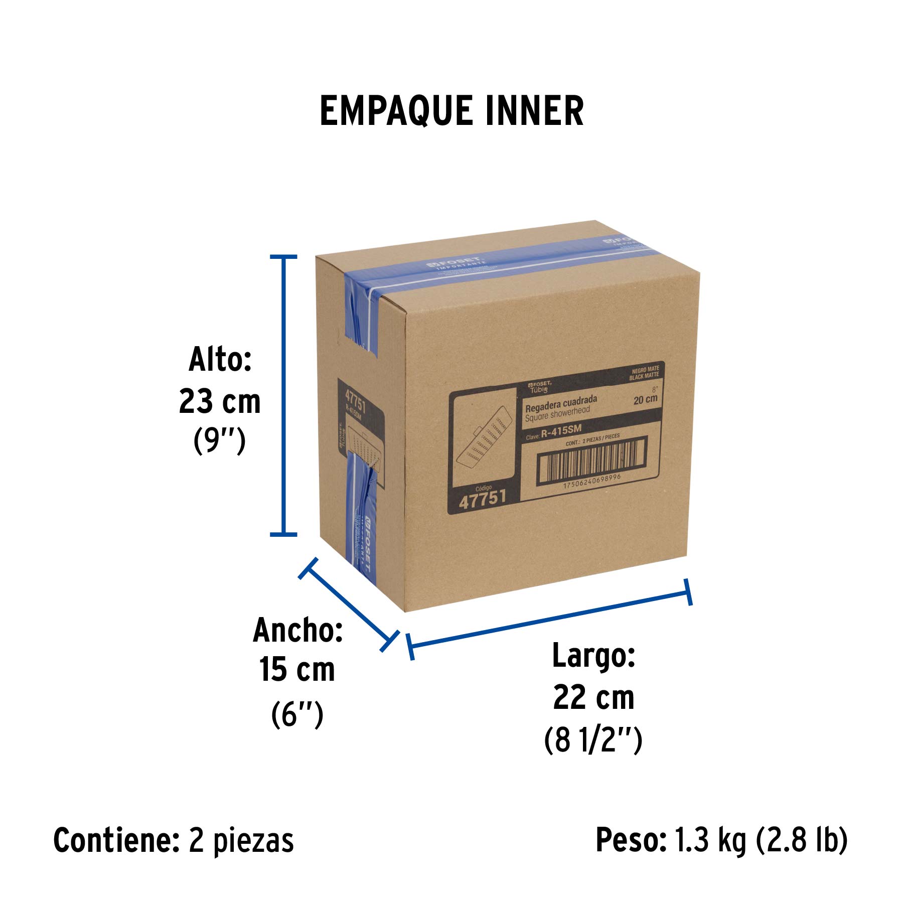 Regadera cuadrada 8', acero inox, sin brazo, negro, TÚBIG