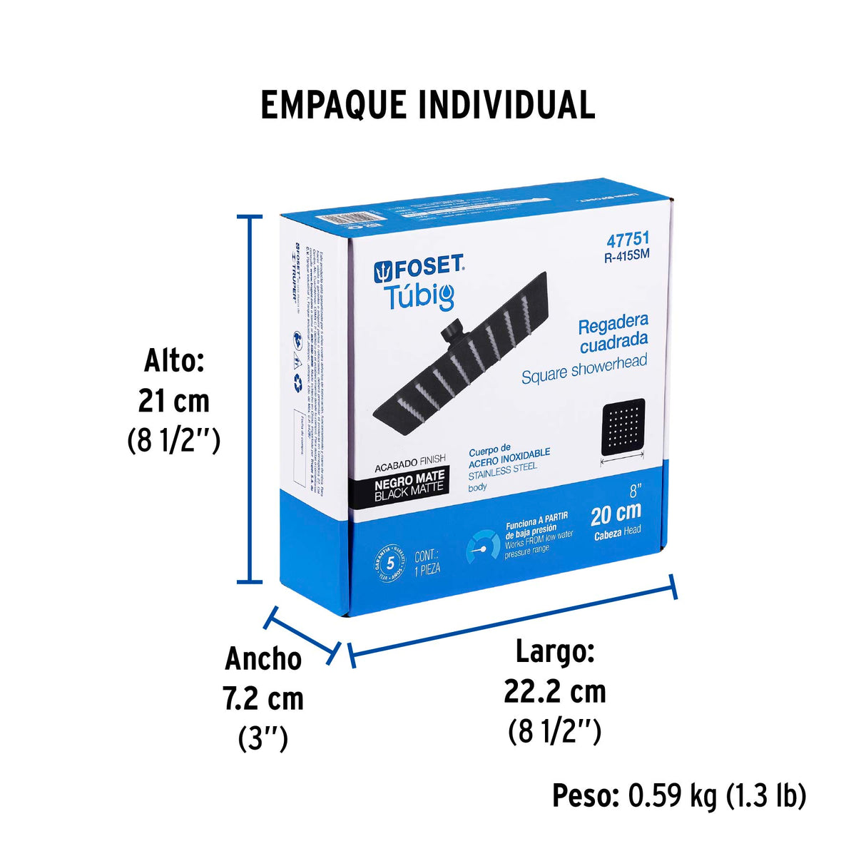 Regadera cuadrada 8', acero inox, sin brazo, negro, TÚBIG