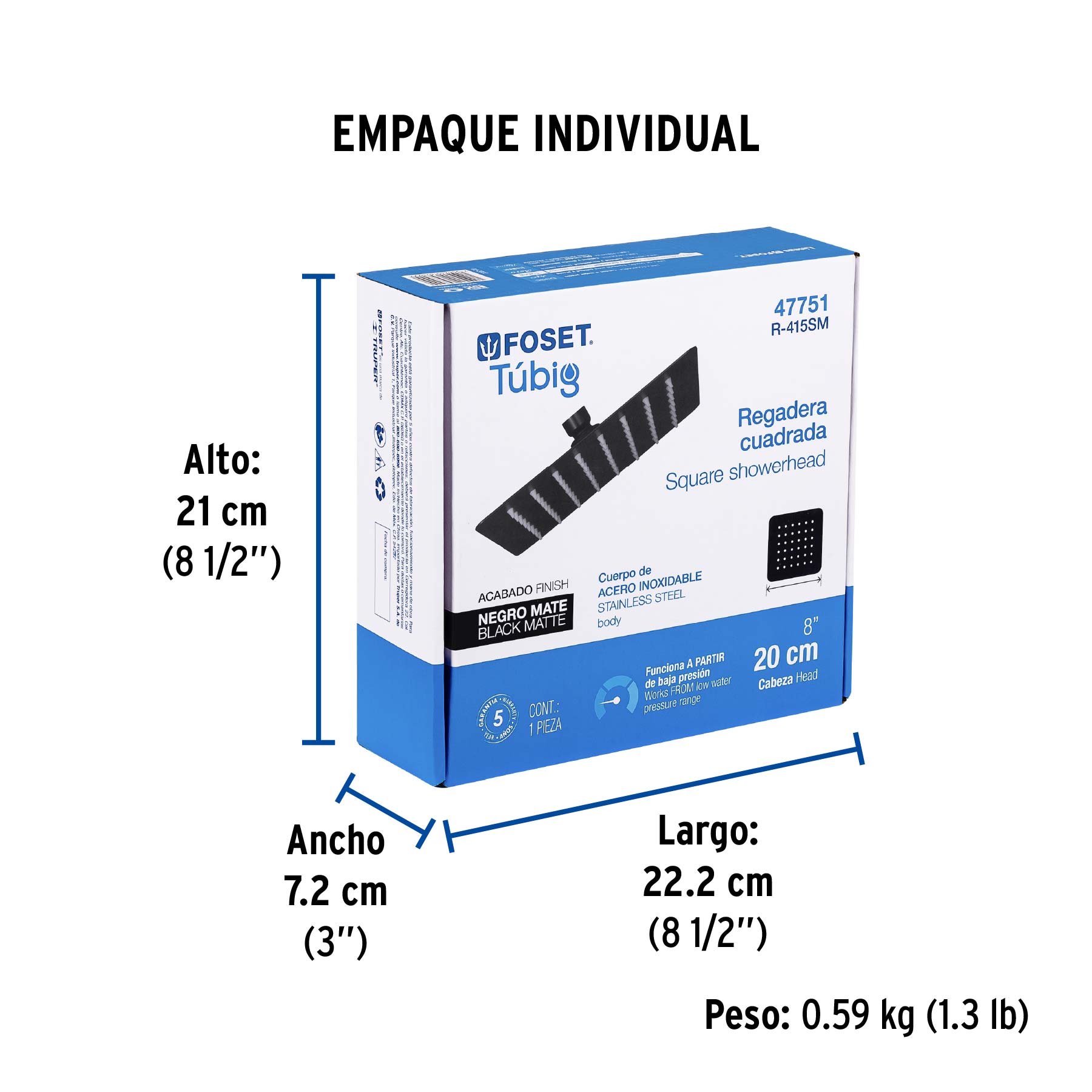 Regadera cuadrada 8', acero inox, sin brazo, negro, TÚBIG