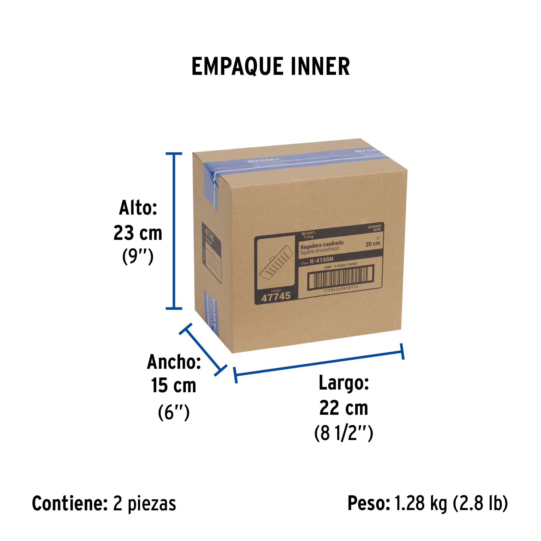 Regadera cuadrada acero inox sin brazo satin TUBIG 8"