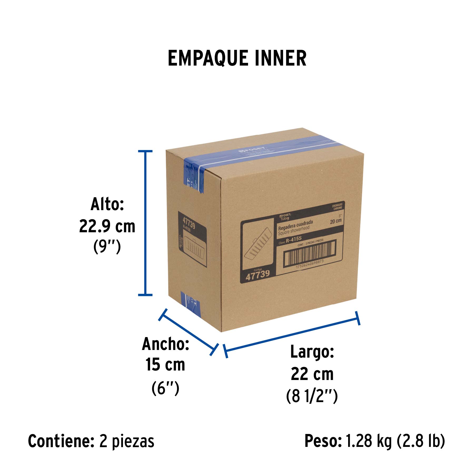 Regadera cuadrada 8', acero inox, sin brazo, cromo, TÚBIG