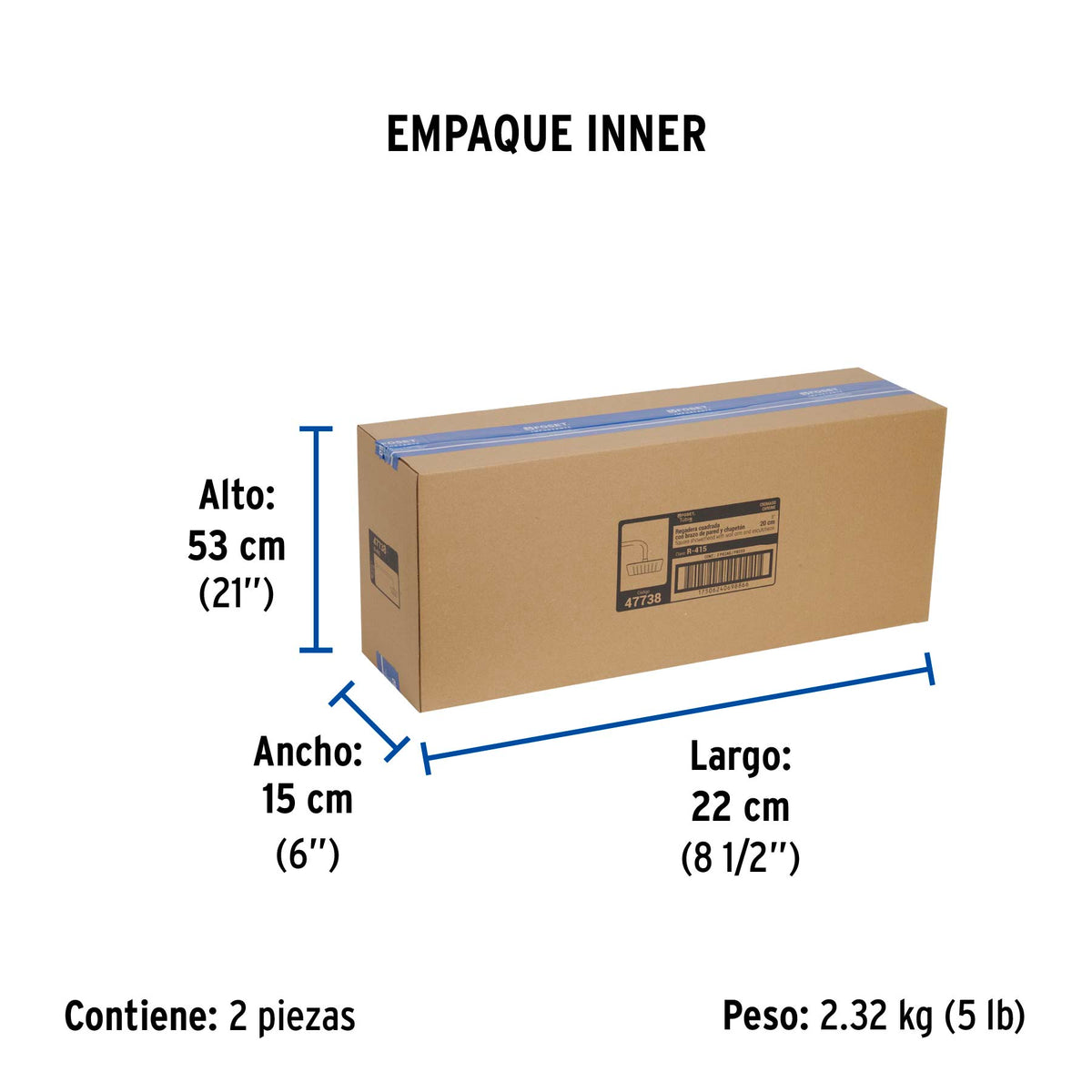 Regadera cuadrada 8', acero inox, con brazo, cromo, TÚBIG